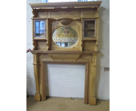 A good late Victorian mirror back stripped pine fire surround in two pieces - Height 229cm x 151cm x 22cm - inset size 96cm x
