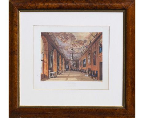 Colour lithograph Ballroom, Windsor Castle from The History of the Royal Residences by WH Pyne (1819) framed walnut effect fr