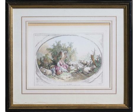 Crayon manner stipple engraving and soft ground etching, printed with colour Le Midi (No. 547; after J.B. Huet) by Gilles Dem