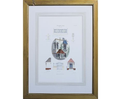Topographical detail 1868 Architectural Prints Worcester Lodge Middleton Road Holloway Arch Truefitt in a gold frame with bei