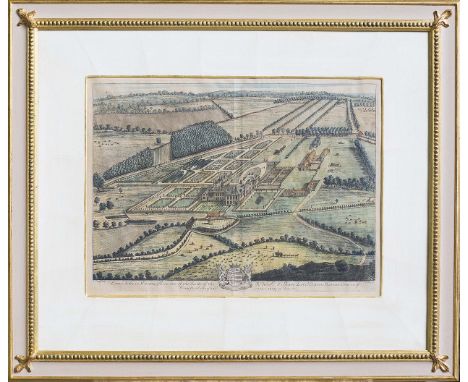 Coloured aquatint Comb Abby in Warwickshire, one of the Seats of the Rt Hon William Lord Craven, Barron Craven of Hampstead M