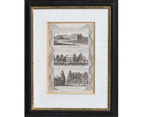 Aquatint depicting Kensington Palace, View of Ranelaugh Gardens and View of Vauxhall gardens in a black frame with gold beadi