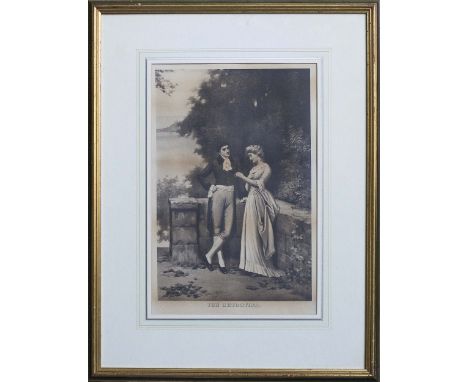 A pair of aquatints A Rift in the Lute and The Betrothal in a black and gilt frame with broken glass, 80 x 62cm