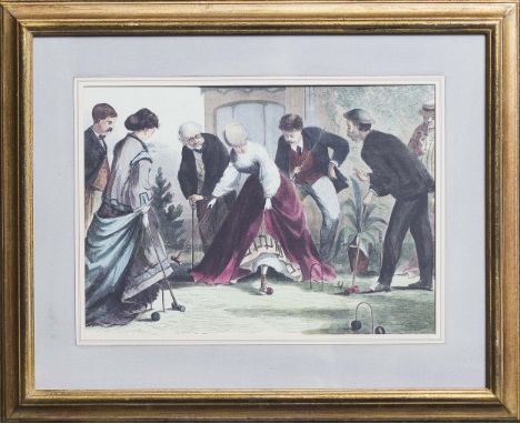 Print of men and women playing croquet in victorian dress ina  gold frame with a plae blue inlay 54 x 66cm