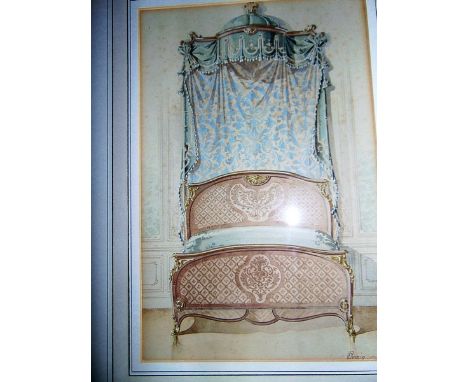 A set of three Antique French Print Hand Tinted Lithograph 1880s Interior Design Boudoir Beds Versailles polished and gilt fr