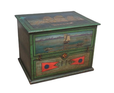 A Vintage painted Admirals Box, top depicting the ship 'Serica', W 51 cm x H 38 cm x D 37.5 cm. 