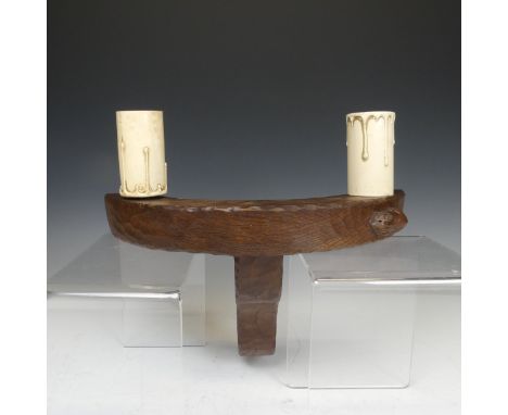 Robert 'Mouseman' Thompson of Kilburn: A&nbsp;carved English oak demilune twin wall Light,&nbsp;of arched form with adzing, w