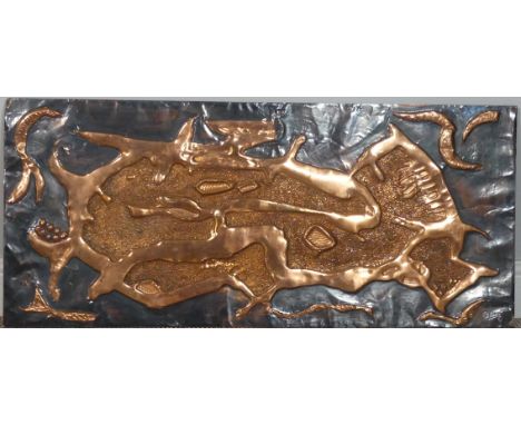 An abstract embossed copper Panel, circa 1970, signed R. Dent, W 91.5 cm x H 40.5 cm.