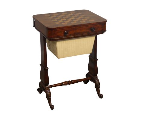 A Victorian mahogany games sewing Table, the chessboard top over two drawers, one drawer for sewing accoutrements the other a