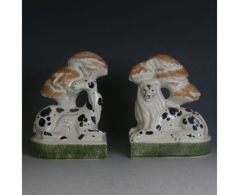 A pair of Rye Pottery figural Bookends, modelled as a Lion and Unicorn in the Staffordshire style, marks to base, H 18cm (2) 