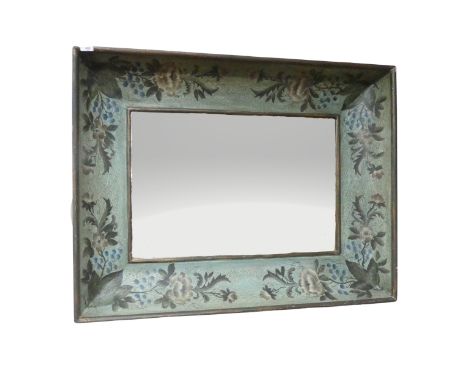 A Vintage cushion framed painted Wall Mirror, of large proportion, pained with flowers and leaves, W 112 cm x H 86.5 cm x D 1