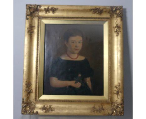 Early 20th century English School, Portrait of "Josie" wearing coral necklace and holding a floral posy, oil on canvas, 60cm 