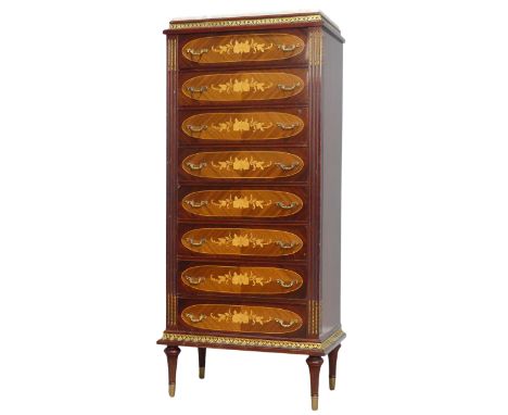 A Reproduction French 8-drawer Commode, with marble top, W 51 cm x H 118 cm x D 30.5 cm, together with a matching demi-lune s