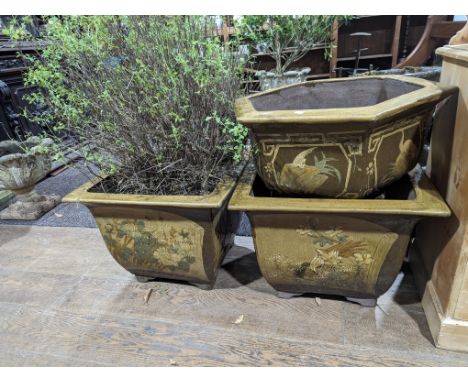 A Pair of large Chinese style glazed Plant Pots, of square form, W 58 cm x H 44.5 cm x D 58 cm, together with another Chinese
