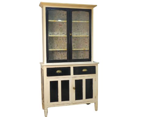 A 20th century painted pine Dresser, lined with vintage hand printed floral paper, W 106 cm x H 200 cm x D 44 cm. 