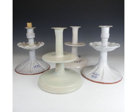 A late 20thC studio pottery ship's Candlestick, with underglaze inscription, H 23cm, together with three other similar, two d