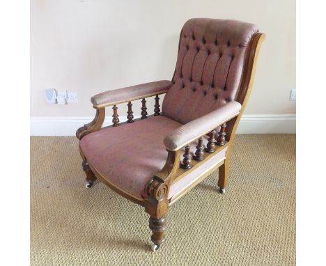 An Edwardian show-frame upholstered button-back Club Armchair, W 71 cm x H 93 cm x D 78 cm, together with a late 19thC walnut