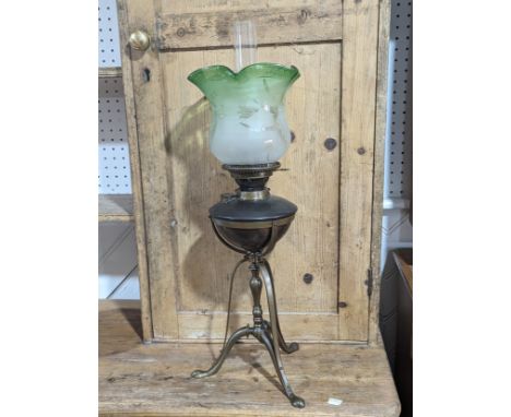 An late 19thC Oil Lamp, with acid etched glass shade, raised on copper and brass tripod stand, marked Hinks Patent No.2, H 68
