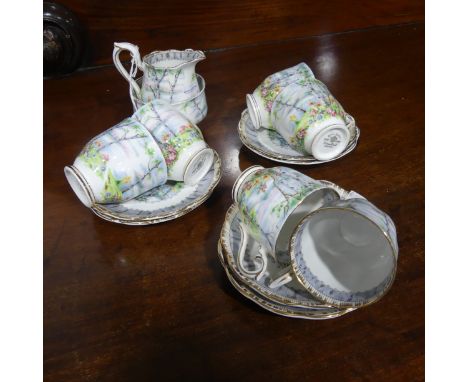 A Royal Albert 'Silver Birch' pattern part Tea Set, comprising six Tea Cups and Saucers, Cream Jug and Sugar Bowl (a lot) 