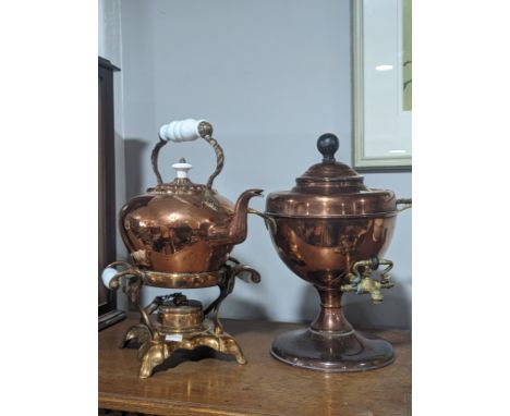 A mid 19th century copper and brass spirit Kettle on tilting stand,&nbsp;underside of lid stamped 'warranted best London manu