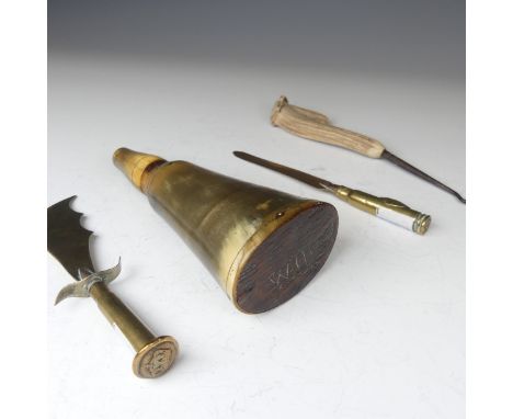 An 18th century horn Powder Flask, with wooden end and screw thread cap, together with two brass Trench Art letter Openers an