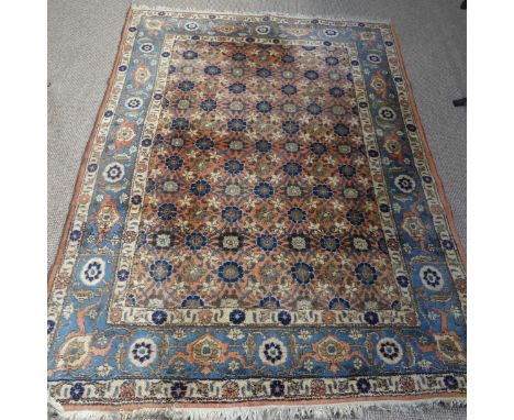 Tribal Rugs; a good hand-knotted old Persian Veramin rug, wool pile on cotton base, woven with coral, pale blue and cream geo