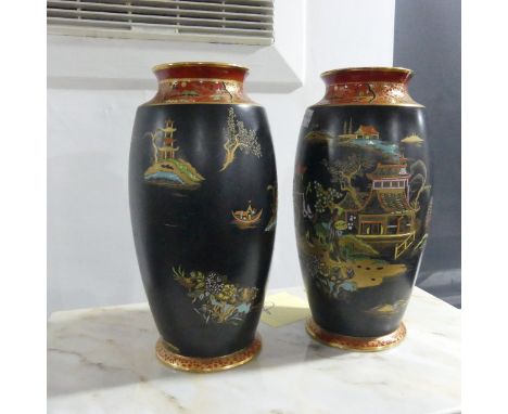 A pair of late 19thC Carltonware Satsuma Vases, with black ground and enameled depictions of pagodas, factory marks to base H