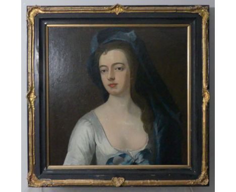 18th century School, Portrait of a Lady with blue scarf, probably one of the Wilbraham sisters, oil on canvas, 60cm x 60cm, f