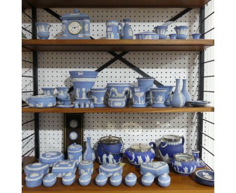 A large quantity of Wedgwood and other Jasperwares, comprising pieces in light blue, dark blue, sage green and black, includi