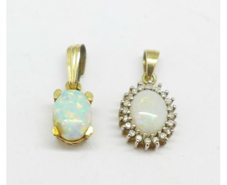 A 9ct gold and opal pendant, 0.9g, and a rolled gold and simulated opal pendant 