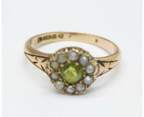 A 9ct gold, peridot and pearl cluster ring, Chester 1910, 2.8g, O 