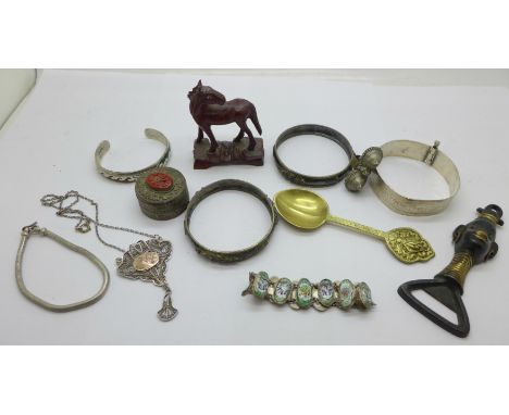 Eastern jewellery including an enamelled panel bracelet and a filigree necklace, and other items including a trinket pot 