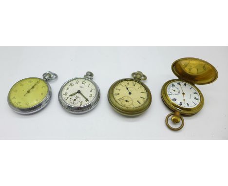 Three pocket watches, Medana, Smiths Empire and The Waterbury Watch Co., and a Smiths stop-watch, a/f 