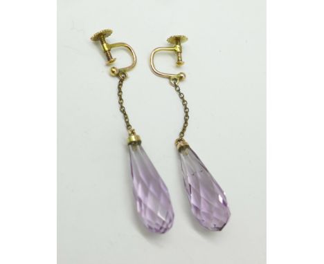 A pair of amethyst drop earrings with screw backs, marked 9ct, 35mm drop 
