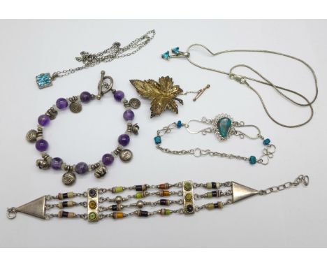Silver jewellery including an amethyst quartz set bracelet 