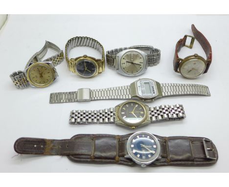 Seven wristwatches, one Timex lacking back 