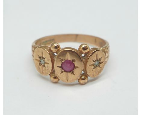 A 9ct rose gold, diamond and ruby ring, 2.9g, O 