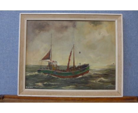 M. Corrie, Fishing Off The Coast of Whitby, oil on board, 34 x 44cms, framed 