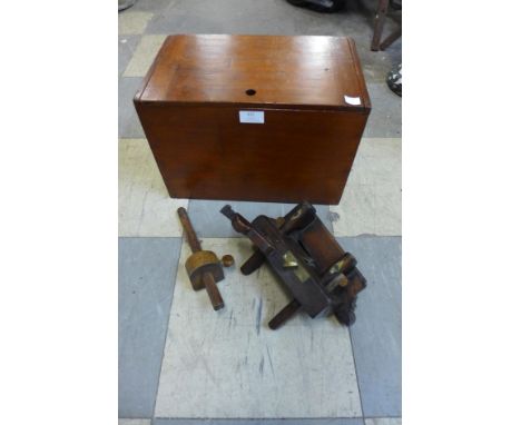 A Victorian mahogany box, vintage woodworking plane and one other 
