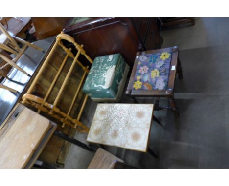 A beech towel rail, sewing box, a stool and a 1960's occasional table 