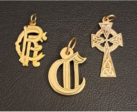 THREE NINE CARAT GOLD PENDANTSone in the form of a Celtic cross, another with monogram RFC and the last an italic C, total we