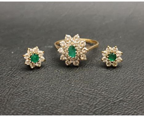 EMERALD AND CZ CLUSTER RING AND MATCHING STUD EARRINGSall in nine carat gold, the ring size Q-R, total weight approximately 3