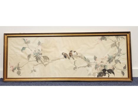 EAST ASIAN PAINTING ON SILKdepicting birds pirched on flowering branch, in gilt frame with two pierced brass hanging attachme