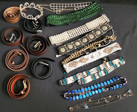 SELECTION OF NINE LADIES VINTAGE BELTSincluding crystal, shell and embroidered examples; together with seven gentlemen's leat
