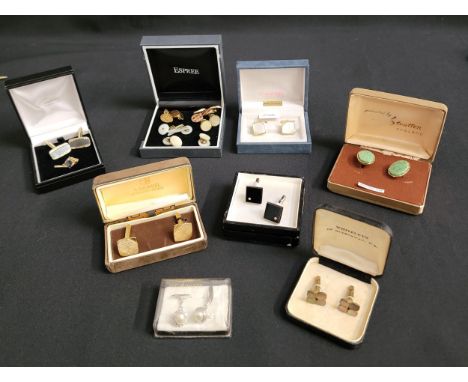 SELECTION OF VINTAGE CUFFLINKSincluding examples set with jade, mother of pearl, agate, simulated pearl, etc., most with boxe