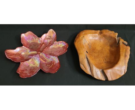 LARGE TEAK ROOT BOWL38cm diameter; together with a Carnival glass platter in the form of a flower, 38cm diameter