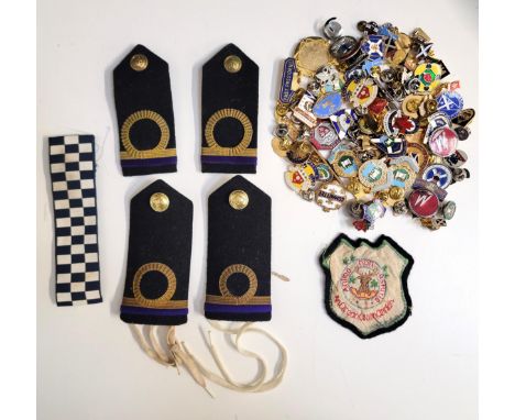 TWO PAIRS OF MERCHANT NAVY THIRD ENGINEER SHOULDER BOARDS AND ASSORTMENT OF ENAMEL BADGEStogether with a chequered hat band a
