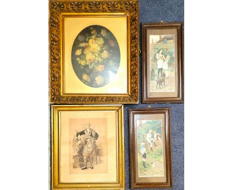 FOUR ANTIQUE AND VINTAGE PRINTSconsisting of after Marcello Giachino 'Still life of flowers', in large gilt ornate frame, 79 
