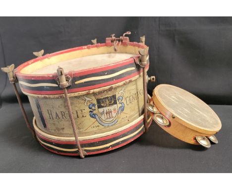 PARADE MARCHING DRUMwith rustic string snare, marked Hardie Centenary to the side, painted in cream, black and red, 37cm diam