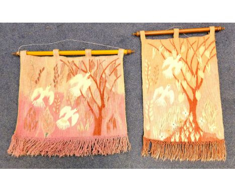 MATCHED PAIROF  SOUTH AFRICAN TAPESTRIESin pink depicting doves, trees and leaves mounted on wooden poles with finials; the s
